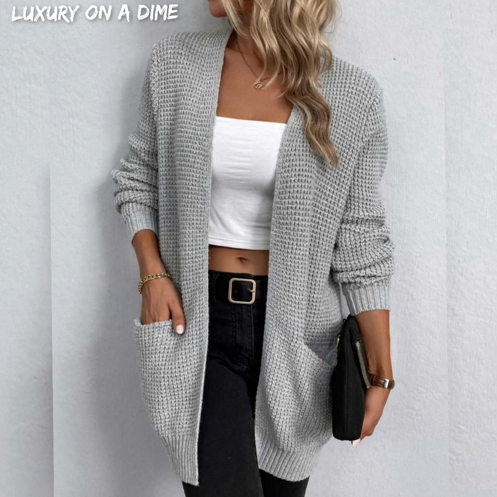 Waffle Knit Longline Open Front Classic Wide Patch Pocket Boho Sweater Cardigan